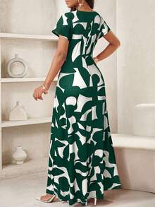 SHEIN Lady فستان طباعة كامل أنيق لكبار الحجم - أخضر داكن - مشاهدة 2