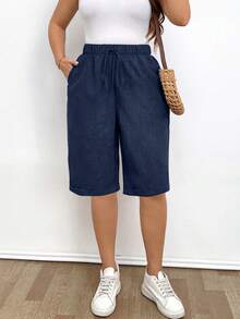EMERY ROSE Pantalones cortos casuales de verano versátiles de talla grande, de unicolor, con cintura elástica y cordón, con bolsillos - Azul Marino - Ver 6