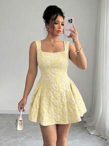 Elenzga Plus Size Women Casual Elegant Square Neck Dress - Yellow - View 7