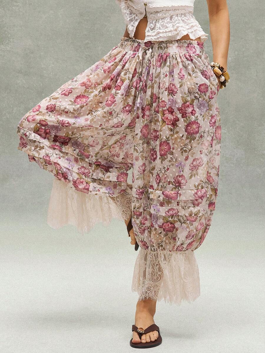 SHEIN BohoFeels Woven Loose Printed Vacation Pants For Women - Pink - View 1