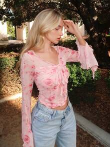 Turnttoni Women's Floral Print Bell Sleeve Tie Front T-Shirt,Sheer, Music Festival - Pink - View 5
