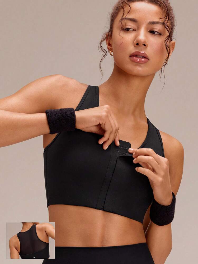 FeatherFit™-Sculpt FlowFit Breathable Sweat-Wicking Stretchy Mesh Back Adjustable Crop Front Closure Sports Bra With Removable Cups Medium Impact Training Running Workout Gym Fitness Wear