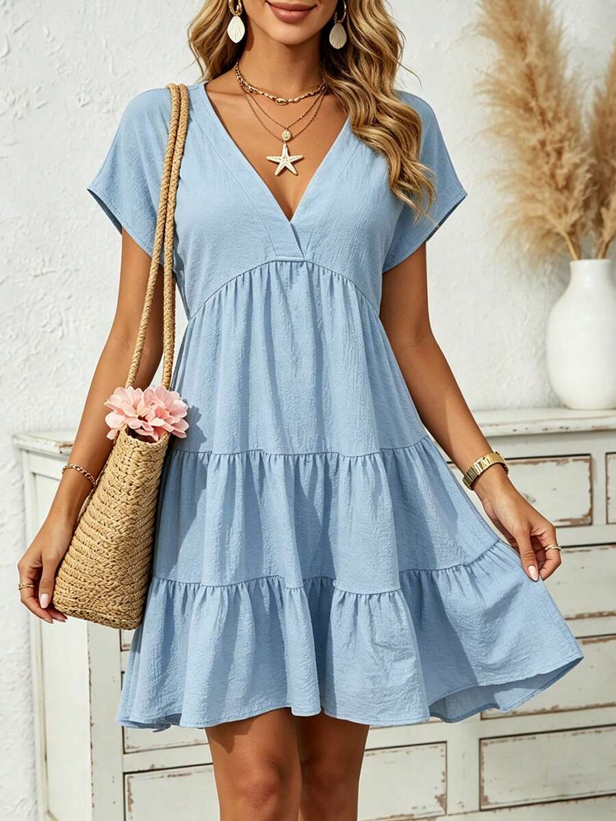 EMERY ROSE V-Neck Layered Hem Patchwork Mini Dress For Women - Blue - View 1
