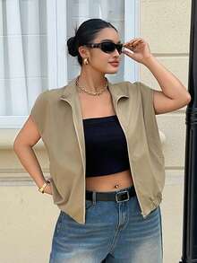 Dazy Plus Sleeveless Casual Stand Collar Zip-Up Jacket Thin Outerwear Plus Size For Women, Spring/Summer Bussines - Army Green - View 4