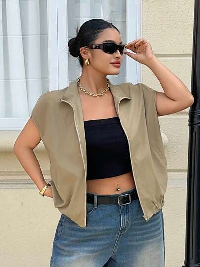 Dazy Plus Sleeveless Casual Stand Collar Zip-Up Jacket Thin Outerwear Plus Size For Women, Spring/Summer