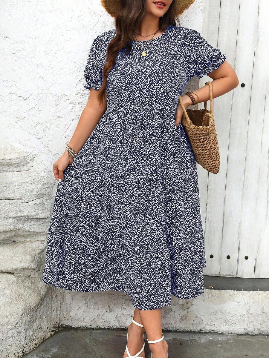 Ceyna Plus Leopard Print Ruffle Hem Dress For Summer Maxi Women Outfit Vacation Navy Blue Cottage Core - Navy Blue - View 1