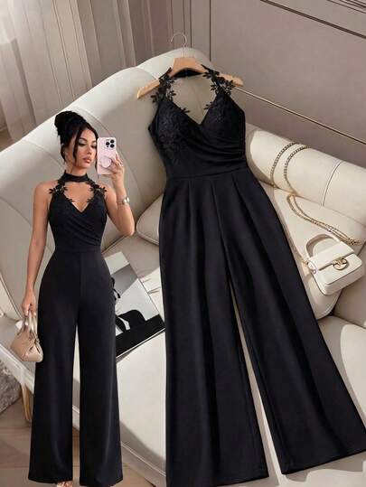 GlowEve Bộ jumpsuit nữ màu đen cổ yếm ren chữ V, quần ống rộng thắt eo, kiểu dáng thanh lịch phù hợp đi làm, dự tiệc tối.