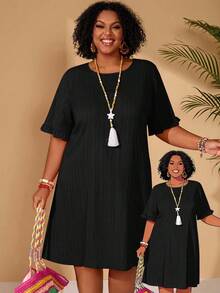 BrightlyHer Plus Size Black Summer Smart Casual Casual Holiday  Minimalist Daily Wear Round Neck Short Sleeve Dress Beach Vacation Vacation Outfit For Women - Black - View 1