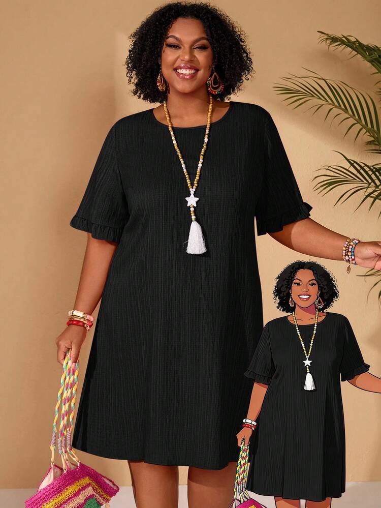 Plus Size Solid Color Minimalist Daily Wear Round Neck Short Sleeve Dress Summer Summer Outfit For Women Festival Outfits For Women Beach Outfits For Women Vacation Outfits Women Holiday Outfits For Women Country Concert Outfit Black Dress
