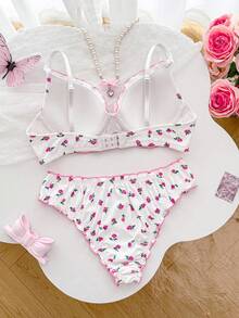 PetitDoll 2pcs/Set Ditsy Floral Ruffled Trim Underwire Bra Set - Multicolor - View 6