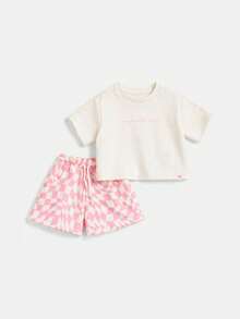 SUMWON Coral Reef Graphic Print Short Sleeve Crop T-Shirt And Checkerboard High Rise Shorts Two Piece Co-Ord Set - White - View 2