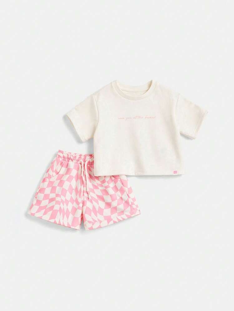 Coral Reef Graphic Print Short Sleeve Crop T-Shirt And Checkerboard High Rise Shorts Two Piece Co-Ord Set