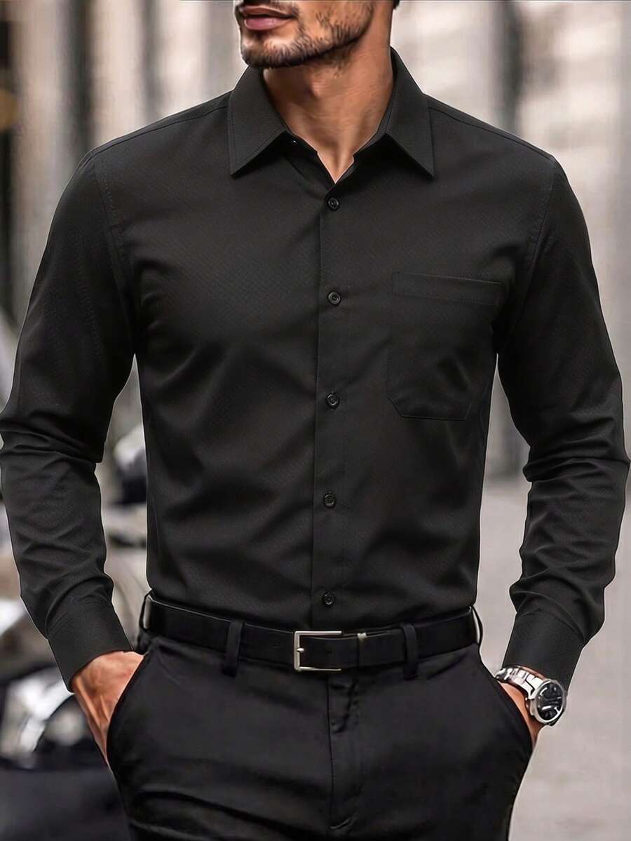 Manfinity Bizformal 男士黑色格子休闲衬衫,春夏款 - 黑色 - 查看 1