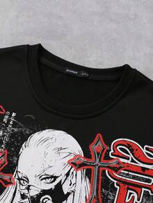ROMWE MEN Anime Men's Loose Fit Drop Shoulder Short Style Printed T-Shirt - Black - View 5