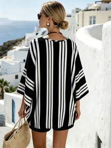 EMERY ROSE Plus Size Casual Holiday Striped Print V-Neck Batwing Short Sleeve Loose Cover Up, Beach Cover Up, Women Summer Striped Top - Multicolor - View 2