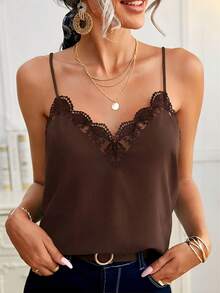 SHEIN Frenchy Kamisol Katun 100% Cokelat dengan Renda Kontras, Cocok untuk Musim Panas, Atasan Musim Panas - Coklat - View 6