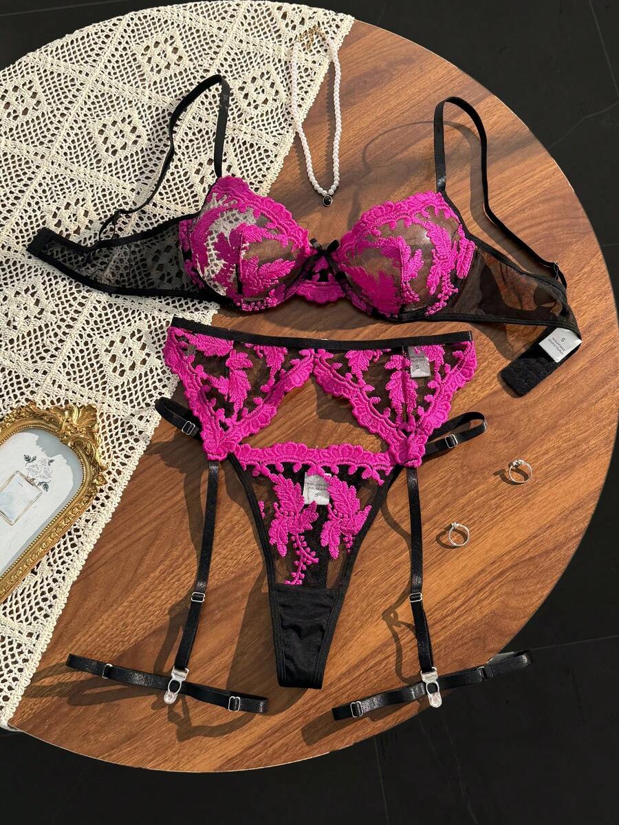 4pcs Women's Sexy Lingerie Set - Hot Pink - View 1