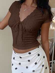 Muchica Coffee Brown Knit Bodycon T-Shirt For Women Vacation Summer Cute - Chocolate Brown - View 5