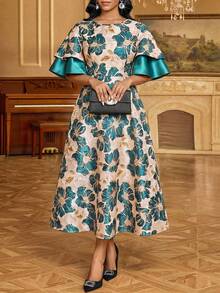 SHEIN Lady Đầm nữ thanh lịch họa tiết jacquard xếp nếp viền, thích hợp cho mùa hè. - màu xanh lá - Xem 1
