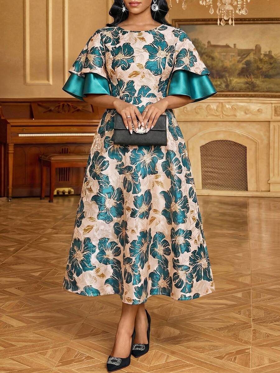 SHEIN Lady Đầm nữ thanh lịch họa tiết jacquard xếp nếp viền, thích hợp cho mùa hè. - màu xanh lá - Xem 1