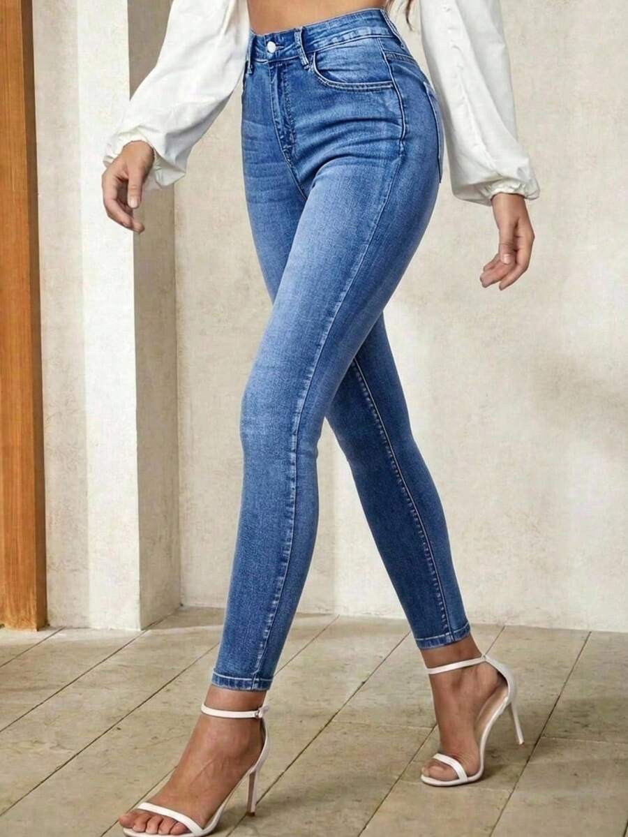 SHEIN Unity Plus Size Women Pockets Button Casual Versatile Daily Wear Denim Jeans Brown Spring - Light Wash - View 1