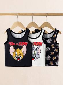 TOM & JERRY X SHEIN 3件套男童卡通字母印花吊带背心套装，夏季 - 黑與白 - 查看 1