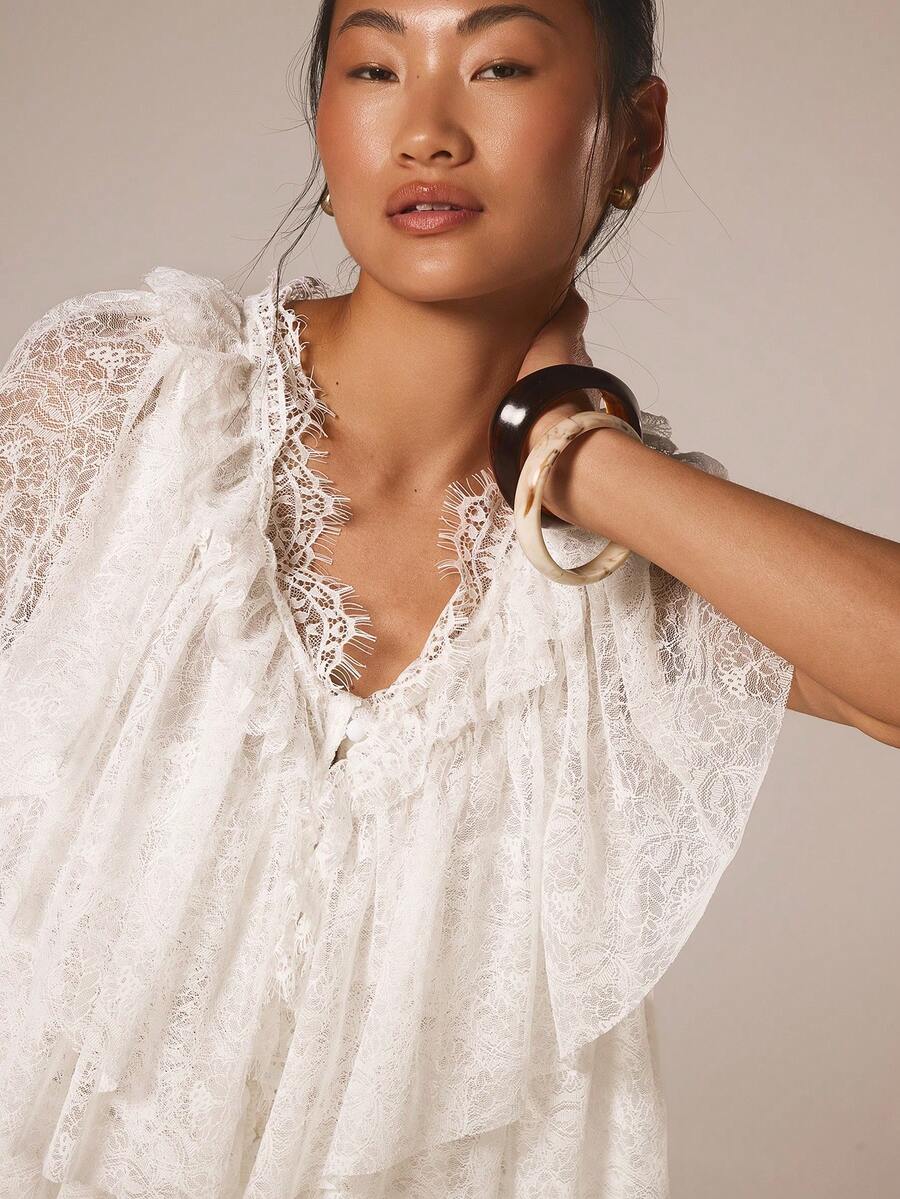 COSMINA Women's Elegant Lace V-Neck Loose Blouse, Versatile For Commuting, Office, Dating, Bohemian Vacation, Beach, Wedding, Spring/Summer - White - View 1