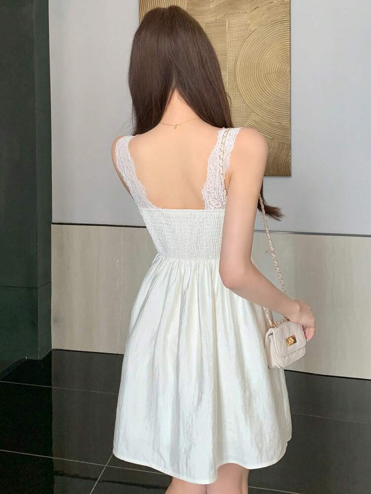 Women's Waist Cinched Flared White Mini Dress, Spring & Summer