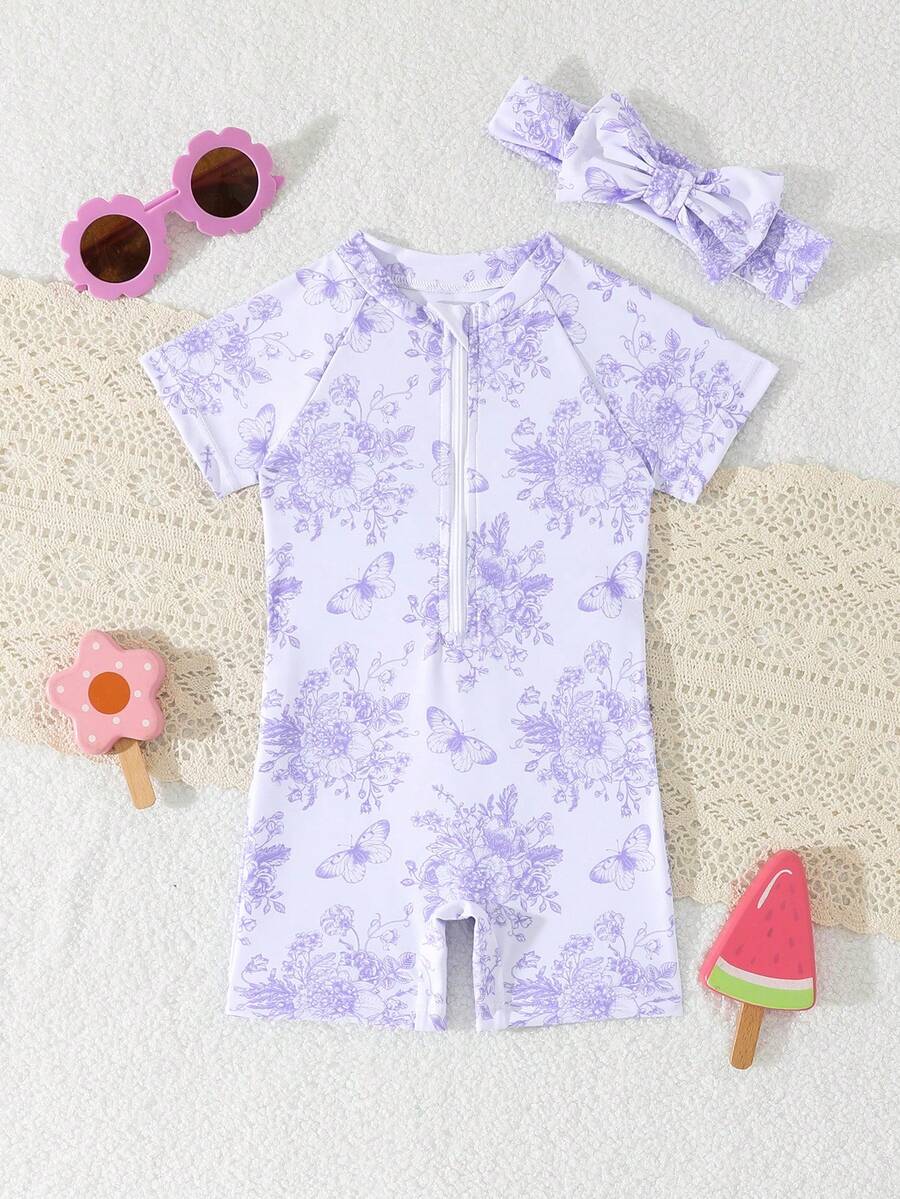 Souflis Souflis Baby Girl Floral & Butterfly Print Zipper Front Short Sleeve Romper Swimsuit - Mauve Purple - View 1