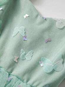 SHEIN Glamorique Kids 小女孩公主裙，3D蝴蝶花朵网纱裙，绿色薄纱裙，泡泡袖，生日派对，婚礼节日正式礼服 - 綠色 - 查看 9