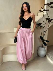 SHEIN PETITE Quần ống rộng cạp cao dệt trơn - Màu Hồng baby - Xem 10