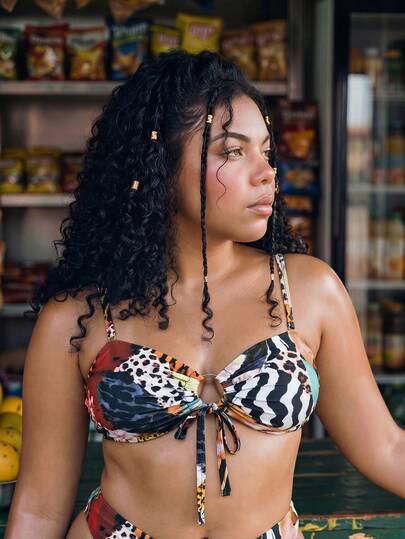 Swim SXY Plus Size Women's Sexy Animal Print Patchwork Bikini Top, Front Hollow Adjustable Tie, Detachable Shoulder Strap, Suitable For Beach Vacation And Daily Wear