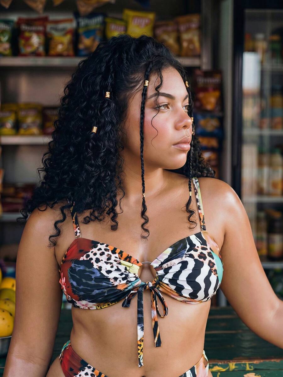 Swim SXY Áo bikini cỡ lớn dành cho nữ, họa tiết da báo gợi cảm, kiểu dáng patchwork, dây buộc điều chỉnh phía trước, dây đeo vai có thể tháo rời, phù hợp cho kỳ nghỉ biển và mặc hàng ngày. - Nhiều màu - Xem 1
