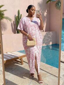 SHEIN Lady CURVE Đầm xẻ tà dáng suông in họa tiết thời trang mùa hè dành cho nữ cỡ lớn - Nhiều màu - Xem 4