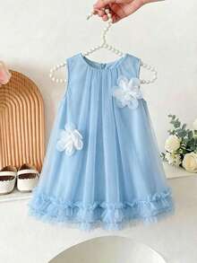 SHEIN Glamorique Kids 小女孩蓝色无袖碎花连衣裙，甜美可爱，优雅迷人 - 藍色 - 查看 3