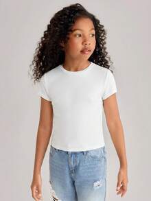 SHEIN Girlism 4 件套 Tween 女童休闲圆领纯色修身短袖 T 恤 - 藍色 - 查看 13