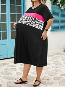 SHEIN CURVE+ Patchwork Leopard Print Loose Knit Stretchy Dress - Multicolor - View 6