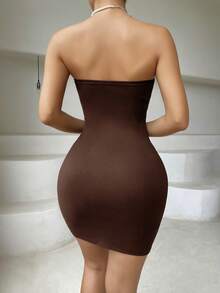 SHEIN ChicEase Sexy Solid Color Hollow Out Fitted Mini Dress, Summer - Brown - View 2