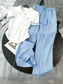 Franclia Bộ áo thun cổ polo và quần nữ tối giản thời trang, thêu nơ và họa tiết vỏ sò đặc biệt, quà tặng cho bạn bè. - Màu xanh nhạt - Xem 3