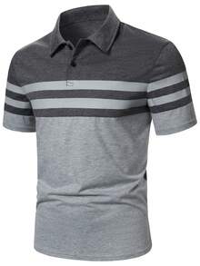 Manfinity Homme 男士休閒日常通勤拼色條紋印花短袖 Polo 衫，夏季，正式 - 彩色 - 查看 3