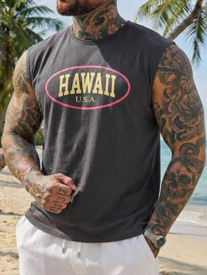 DAZY Camiseta de tirantes informal con estampado de letras para hombres de talla grande, adecuada para el verano, las vacaciones y el transporte diario