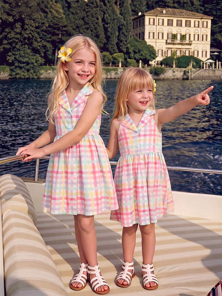 SHEIN Elladie kids 花园女孩夏季新款时尚Polo领露背吊带束腰甜美度假风连衣裙，少女正式连衣裙