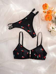 SHEIN Conjunto de sujetador inalámbrico cómodo con estampado para mujer - Negro - Ver 6