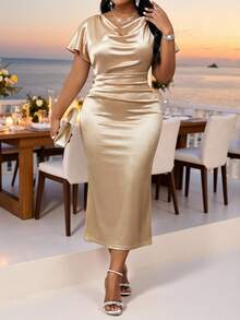 Fleurora Plus Size Women Champagne Gold Ruffle Hem A-Line Satin Dress,Elegant Wedding Summer Holiday Ladies Dresses,Luxurious Dinner Party Occasion Outfits - Champagne - View 3
