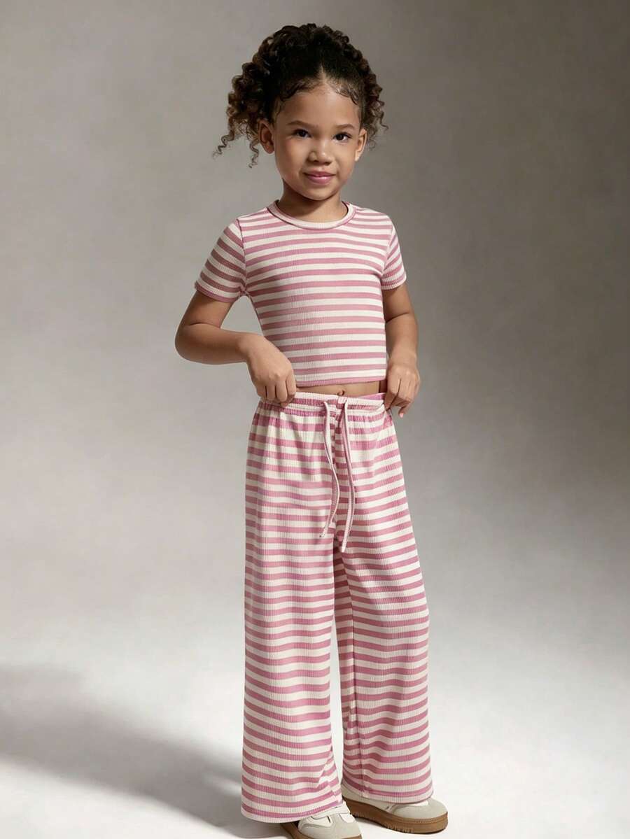 SHEIN 女童秋季套裝,粉色羅紋圓領,可愛,聖誕,返校 - 粉色 - 查看 1