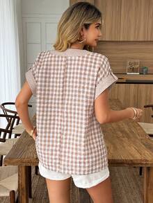 Louniche 1 chiếc áo nữ kẻ caro ghép mảnh dáng chữ A rộng rãi cổ chữ V, thích hợp mặc đi làm, đi nghỉ mát, mùa xuân/hè. - Nhiều màu - Xem 2