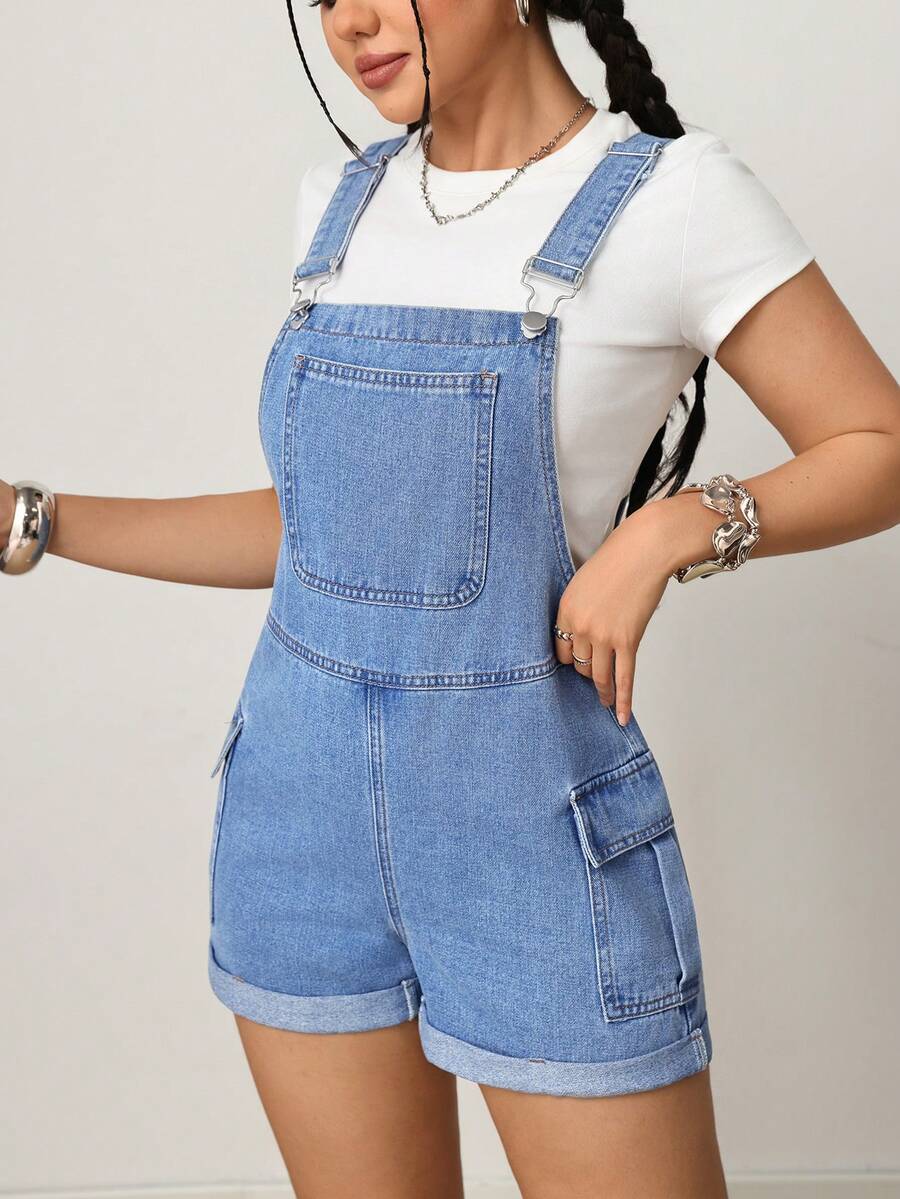Quần yếm ngắn denim cargo màu xanh nhạt dành cho nữ SHEIN PETITE, trang phục thường ngày và thoải mái mùa hè. - Rửa trung bình - Xem 1