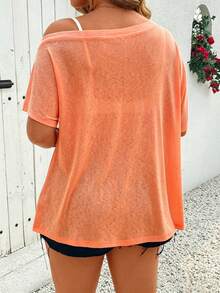 EMERY ROSE 女款休閒純色不對稱領口透視上衣，夏季 - 珊瑚橙 - 查看 2