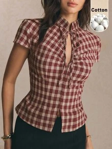 Poéselle 女士格子简约休闲短袖衬衫 - 紅白色 - 查看 3