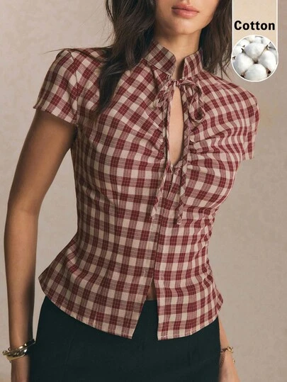 Poéselle Women's Plaid Minimalist Casual Short Sleeve Shirt